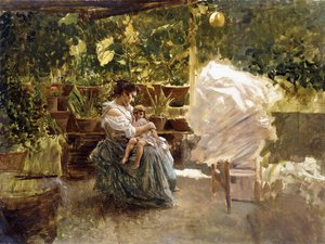 Eine Mutter mit ihrem Kind auf einer Veranda von Salvatore Postiglione