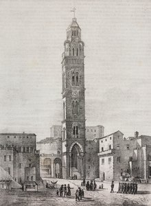 Glockenturm der Kathedrale von Gaeta, Latium, Italien, Lithografie von Salvatore Puglia nach einer Zeichnung von Pasquale Mattei (1813-1879), aus Poliorama Pittoresco, Nr. 48, 6. Juli von Salvatore Puglia