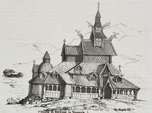 Stabkirche von Borgund, Norwegen, Lithographie von Salvatore Puglia aus Poliorama Pittoresco, Nr. 40, 14. Mai