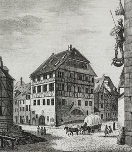 Haus von Albrecht Dürer (1471-1528) in Nürnberg, Deutschland, Lithografie von Salvatore Puglia aus Poliorama Pittoresco, Nr. 31, 12. März