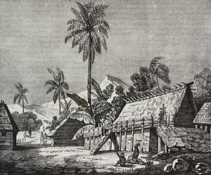 Haus der Königin von Noukahiva-Insel, Marquesas-Inseln, Französisch-Polynesien, Lithographie von Salvatore Puglia von Salvatore Puglia