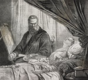 Tintoretto malt seine tote Tochter, Lithographie von Salvatore Puglia aus Poliorama Pittoresco, Nr. 27, 10. Februar