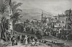 Ansicht von Baden, Schweiz, Lithographie von Salvatore Puglia aus Poliorama Pittoresco, Nr. 29, 26. Februar