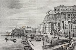 Ansicht von Borgo Santa Lucia, Neapel, Kampanien, Italien, Lithographie von Salvatore Puglia