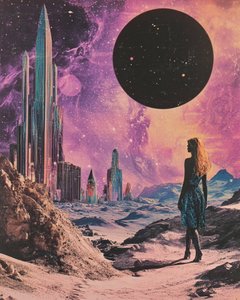 Kosmische Stadtlandschaft Frau