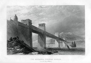 Die Britannia-Röhrenbrücke über die Menai-Straße, Wales, 1886