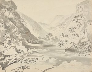 Flussszene mit Bergen im Hintergrund