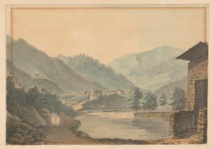 Gebirgsszene mit Gebäuden und Fluss von Samuel Davis