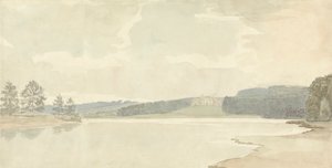 Flusslandschaft mit einem Landhaus in der Ferne