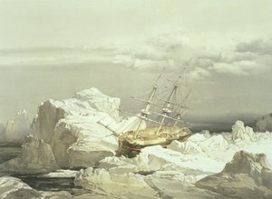 Kritische Position der H.M.S. Investigator an der Nordküste von Baring Island, 20. August 1851, graviert von William Simpson, veröffentlicht von Ackermann und Co., 1854