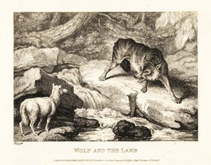 Ein Wolf versucht, das Töten eines Lamms in der Nähe eines Flusses zu rechtfertigen. 1811 von Samuel Howitt