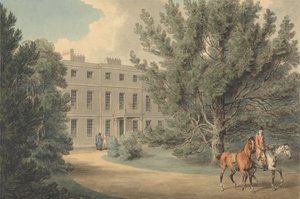 Reiter führt ein zweites Pferd, verlässt das Gelände eines Landhauses von Samuel Howitt