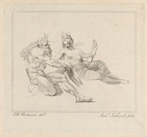 Drei Radierungen auf einem Blatt: Zwei mythologische Figuren von Samuel Ireland