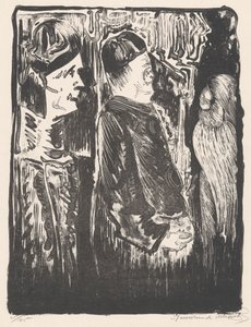 Fantasie: links zwei Figuren mit Mützen nach rechts, rechts eine eingekratzte Erscheinung mit Federkleid von Samuel Jessurun de Mesquita