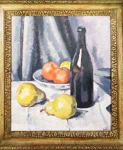Äpfel, Birnen und eine schwarze Flasche auf einem drapierten Tisch, ca. 1928 von Samuel John Peploe