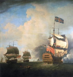 Kriegsschiffe der britischen Royal Navy, die ihre Segel im Wind manövrieren. Öl auf Leinwand, circa 1736, von Samuel Scott (1702-1772)