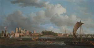 Westminster von Lambeth, mit der Zeremonialbarke der Ironmongers Company