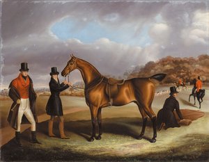 Lord George Bentinck mit seinem Lieblingsjäger und Stallknechten in einer Landschaft mit einer Jagd im Hintergrund