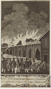 Ansicht der temporären Brücke von London, wie sie in der Nacht des 11. April 1758 brannte von Samuel Wale