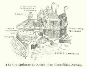 Die erste französische Siedlung in Quebec, frühes 17. Jahrhundert (Lithografie)