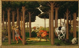 Die Geschichte von Nastagio degli Onesti, zweites von drei Tafeln: Der Reiter tötet das Mädchen und wirft ihr Herz den Hunden zu