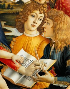 Lorenzo der Prächtige und sein Bruder Giuliano de Medici, Detail der Madonna mit Kind und Engeln oder Madonna des Prächtigen von Sandro Botticelli