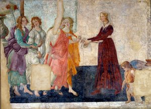 Venus und die Grazien bieten einem jungen Mädchen Geschenke an. Fresko der Villa Lemmi von Sandro Botticelli
