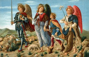 Die drei Erzengel und Tobias. Die Engel Raphael, Gabriel und Michael begleiten den jungen Tobias. Chromolithographie um 1900 für eine Postkarte nach dem Gemälde von Sandro Botticelli (1445-1510).