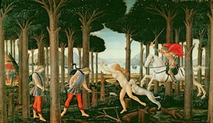 Nastagios Vision der geisterhaften Verfolgung im Wald: Szene I der Geschichte von Nastagio degli Onesti, ca. 1483