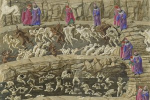 Canto XVIII, Teil des 8. Kreises der Hölle, Illustration aus Dantes "Inferno", ca. 1485