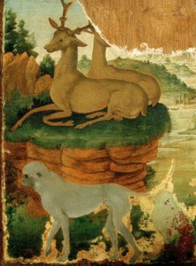 Landschaft mit Rehböcken und Affen