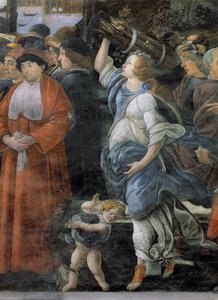 Die Reinigung des Aussätzigen und die Versuchung Christi, in der Sixtinischen Kapelle: Detail einer Frau, die Feuerholz trägt, und eines Jungen, der Trauben trägt, 1481