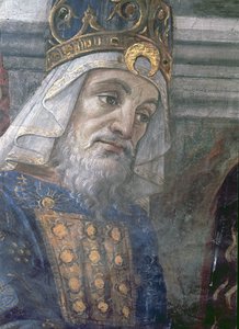 Die Reinigung des Aussätzigen und die Versuchung Christi, in der Sixtinischen Kapelle: Detail des Kopfes des Priesters, 1481 von Sandro Botticelli