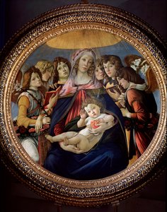 Jungfrau und Kind und sechs Engel, genannt Madonna della Melagrana oder Melograno von Sandro Botticelli