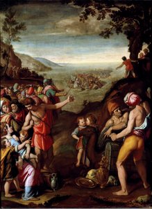 Der Durchzug durch das Rote Meer. Das hebräische Volk, das aus Ägypten flieht, überquert das Rote Meer, geführt von Moses. Gemälde von Santi di Tito (1536-1603), Florenz, Kabinett von Franz I., Palazzo Vecchio von Santi di Tito