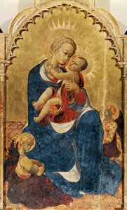 Madonna mit Kind, zentrales Panel des Altars von St. Dominikus von Cortona, ca. 1434, von Sassetta (ca. 1400-1450), Tempera und Gold auf Holz, 52x132 cm von Sassetta (c.1392 1450)