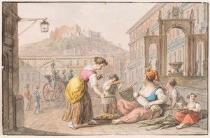Aquarell; Eine Frau verkauft gerösteten Mais von Saverio della Gatta