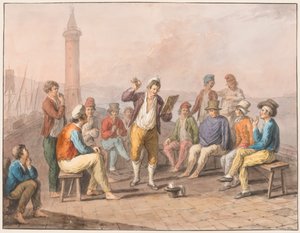 Aquarell; Rinaldo Rinaldini rezitiert auf dem Steg von Saverio della Gatta