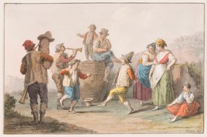 Aquarell; Zwei Bauern tanzen zur Musik von Dudelsack und Horn