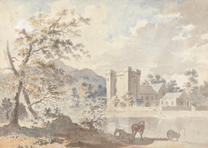 Schloss unter Bergen mit Pferden an einem Fluss
