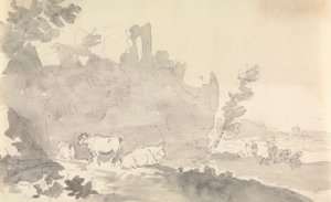 Landschaft mit Kühen im Vordergrund