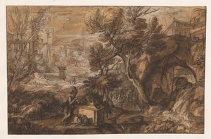 Landschaft mit Hirte bei antikem Sarkophag von Sébastien Bourdon (attributed to)