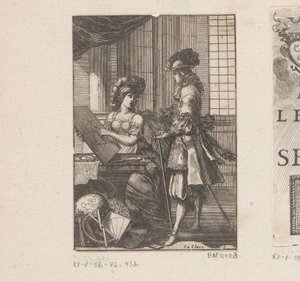 Geometrie und junger Mann mit geometrischer Zeichnung (Titelblatt für: Pratique de la géometrie, sur le papier et sur le terrain, 1669) von Sébastien Leclerc (I)