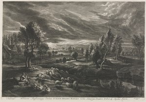 Landschaft mit Schäfer, der eine Flöte spielt