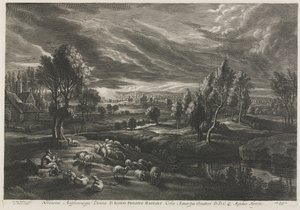 Landschaft mit Hirten, der eine Flöte spielt