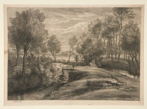 Landschaft mit Mann, der sein Pferd tränkt