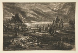 Hirte und Schafe bei Sonnenuntergang