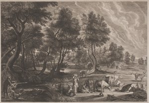 Bauernlandschaft mit Jägern und Milchmädchen von Schelte Adams Bolswert, after Sir Peter Paul Rubens