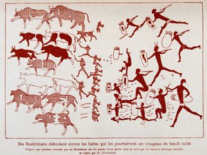 Buschmänner verteidigen eine Rinderherde gegen die Koffer, nach einem Gemälde eines Buschmanns an den Wänden einer Höhle in der Nähe von Hermon (Südafrika)