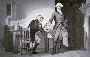 Amerikanischer Verräter: General Benedict Arnold weist Andre an, Papiere in seinem Stiefelschaft zu verstecken